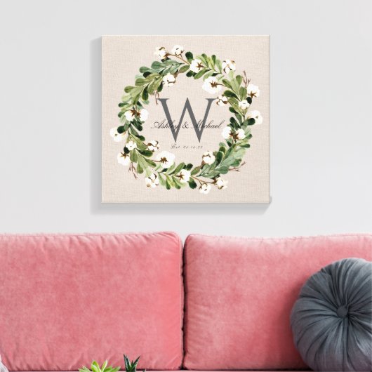 Rustieke Linnen Krans Monogram Bruiloft Keepske Canvas Afdruk (Insitu (Woonkamer))
