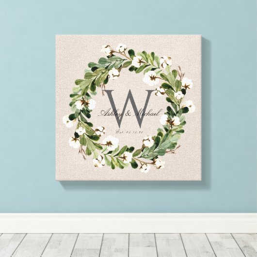 Rustieke Linnen Krans Monogram Bruiloft Keepske Canvas Afdruk (Insitu (Houten vloer))