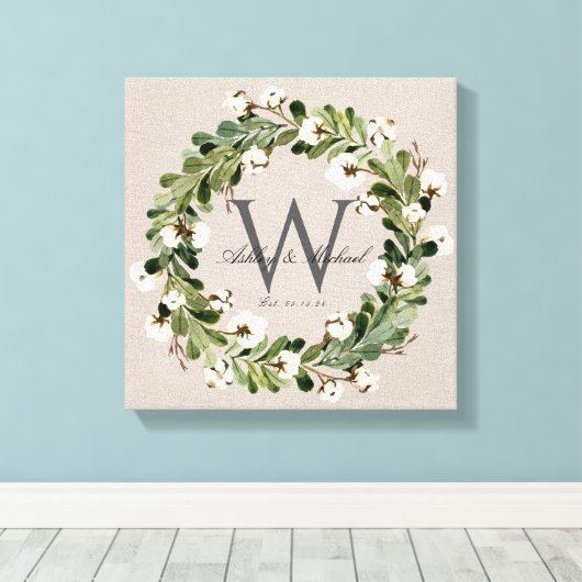 Rustieke Linnen Krans Monogram Bruiloft Keepske Canvas Afdruk (Insitu (Houten vloer))