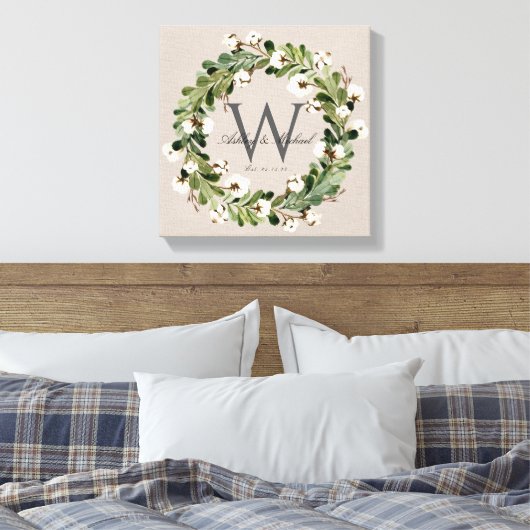 Rustieke Linnen Krans Monogram Bruiloft Keepske Canvas Afdruk (Insitu (Slaapkamer))