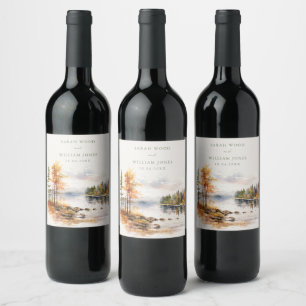 Rustieke linnen print met herfst meer Bruiloft Wijn Etiket