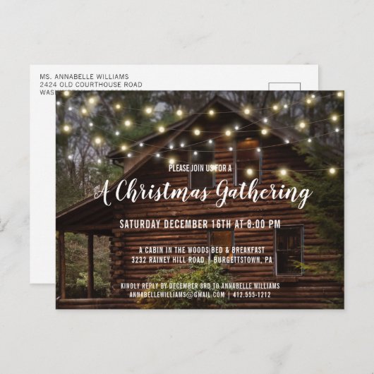 Rustieke Log Cabin String Lights Kerstfeest Uitnodiging Briefkaart (Voorkant / Achterkant)