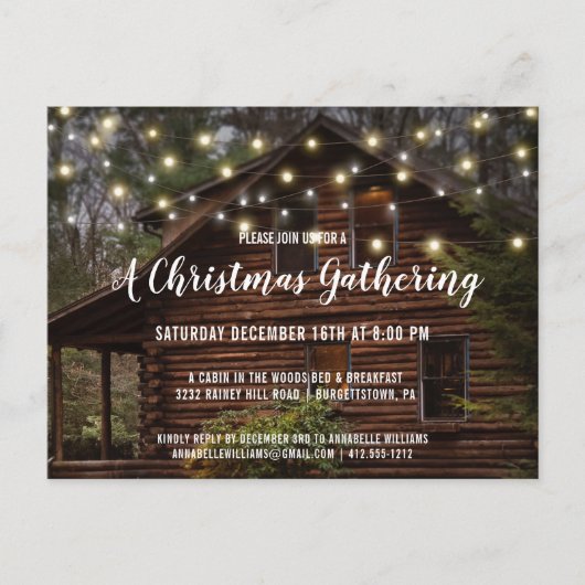 Rustieke Log Cabin String Lights Kerstfeest Uitnodiging Briefkaart (Voorkant)
