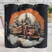 Rustieke Log Truck Winter Sunset Thermosbeker