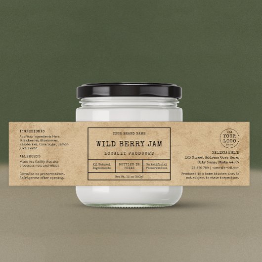 Rustieke Logo Jam Jar Wrap Around Label Waterfles Etiket