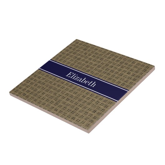 Rustieke look Burlap #2 Navy Blue Naam Monogram Tegeltje (Zijkant)
