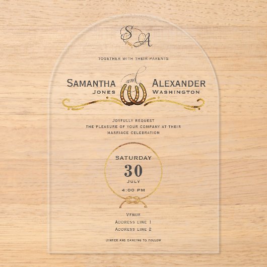 Rustieke Lucky Love Westerne schuur Hoefijzers bru Acryl Uitnodigingen (Voorkant)