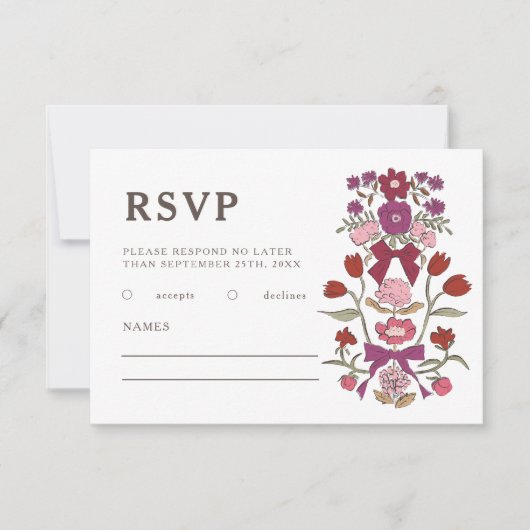 Rustieke Magenta Bogen en bloemen bruiloft RSVP Kaartje (Voorkant)