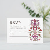 Rustieke Magenta Bogen en bloemen bruiloft RSVP Kaartje (Staand voorkant)