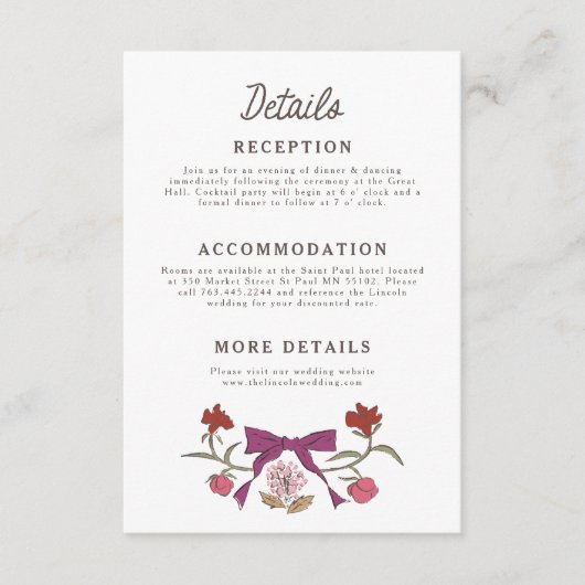 Rustieke Magenta Bogen en Bloemen Trouwdetails Informatiekaartje (Voorkant)