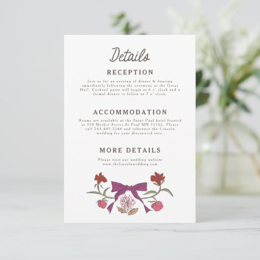 Rustieke Magenta Bogen en Bloemen Trouwdetails Informatiekaartje (Staand voorkant)