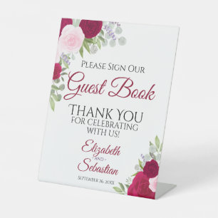 Rustieke Magenta Floral Gelieve ons gastenboek te  Reclamebord Met Voetstuk