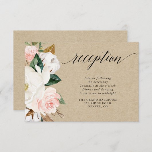 Rustieke magnolia bloemenwitte blos receptie informatiekaartje (Voorkant / Achterkant)