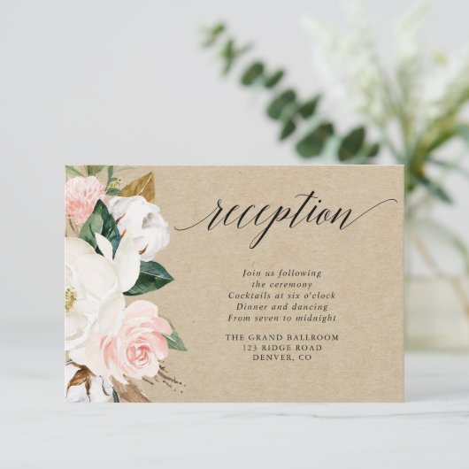 Rustieke magnolia bloemenwitte blos receptie informatiekaartje (Staand voorkant)