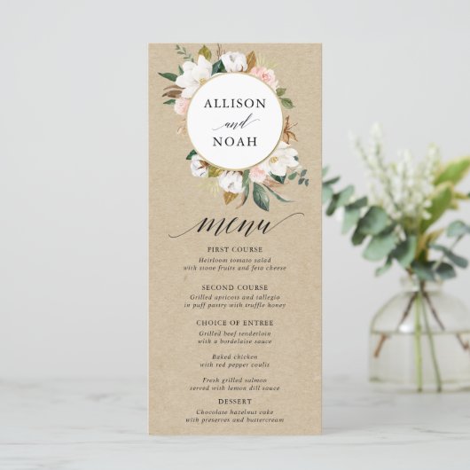 Rustieke magnolia bloemenwitte blush menu (Staand voorkant)