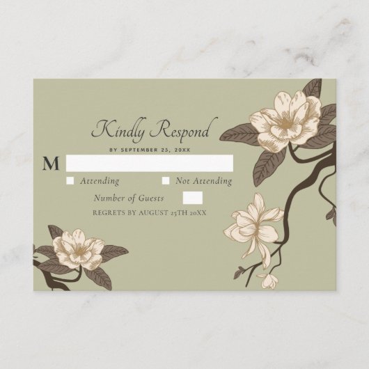 rustieke Magnolia Sage Green Wedding RSVP Informatiekaartje (Voorkant)