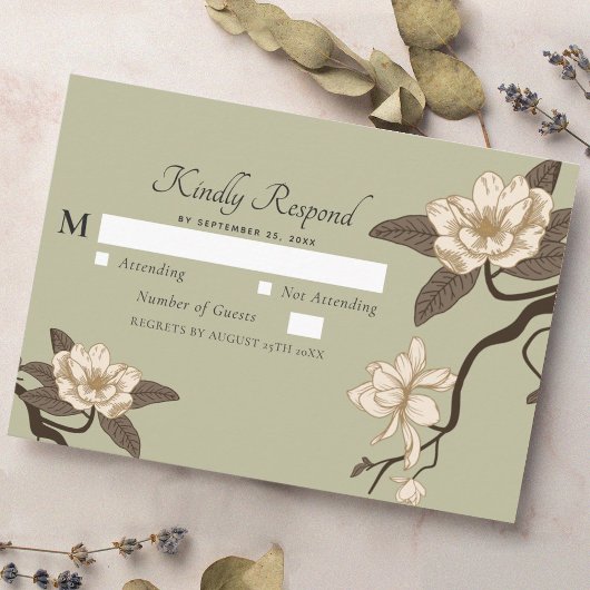 rustieke Magnolia Sage Green Wedding RSVP Informatiekaartje