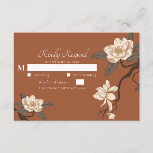  rustieke Magnolia Terracotta bruiloft RSVP Informatiekaartje (Voorkant)