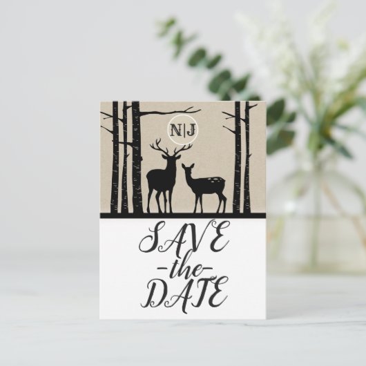 Rustieke Man & Vrouw Doe Deer Birch Save the Date Aankondigingskaart (Staand voorkant)