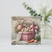  rustieke mand met pasteleieren en wortels feestdagenkaart (Staand voorkant)