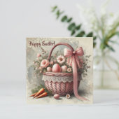 rustieke mand met pasteleieren en wortels feestdagenkaart (Staand voorkant)