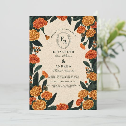 Rustieke Marigold Bloemen Herfst Huwelijk Kaart (Staand voorkant)