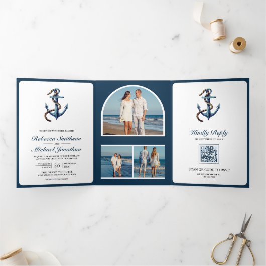 Rustieke Marine Blauw Anker Touw Foto QR Code Huwe Drieluik Uitnodiging (Binnen)