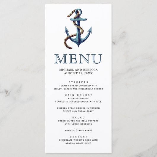 Rustieke Marine Blauw Anker Touw Nautische Huwelij Menu (Voorkant)