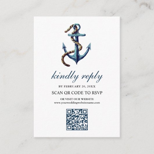 Rustieke Marine Blauw Anker Touw QR Code RSVP Huwe Informatiekaartje (Voorkant)