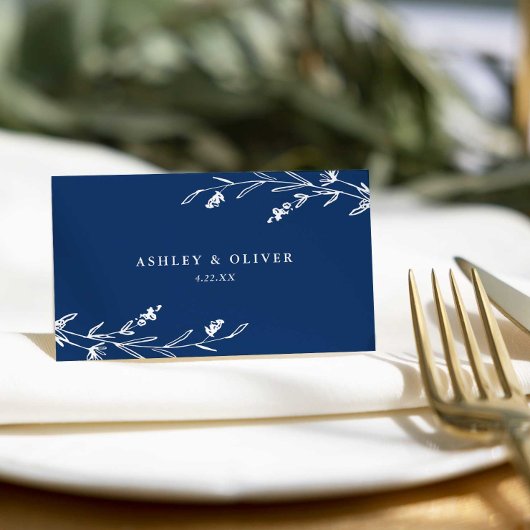 Rustieke Marine Blauw Bloemen Wildbloem Bruiloft Plaatskaartje