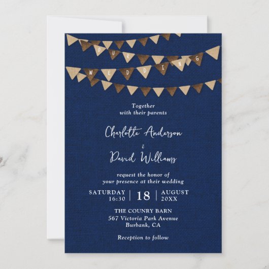 Rustieke Marine Blauw Burlap Bunting Bruiloft Kaart (Voorkant)