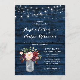 Rustieke Marine Blauw en Bourgondië Blush Bloemen Kaart