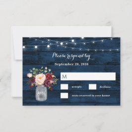 Rustieke Marine Blauw en Bourgondië Blush Bloemen RSVP Kaartje