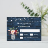 Rustieke Marine Blauw en Bourgondië Blush Bloemen  RSVP Kaartje (Staand voorkant)