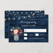 Rustieke Marine Blauw en Bourgondië Blush Bloemen  RSVP Kaartje (Voorkant / Achterkant)