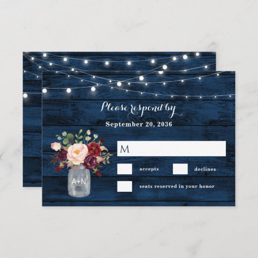 Rustieke Marine Blauw en Bourgondië Blush Bloemen  RSVP Kaartje (Voorkant / Achterkant)