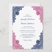 Rustieke Marine Blauw en Roze Bloemen Kant Huwelij Kaart (Voorkant)