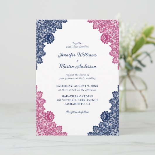 Rustieke Marine Blauw en Roze Bloemen Kant Huwelij Kaart (Staand voorkant)