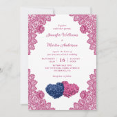 Rustieke Marine Blauw en Roze Lace Wedding Kaart (Voorkant)