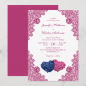 Rustieke Marine Blauw en Roze Lace Wedding Kaart (Voorkant / Achterkant)