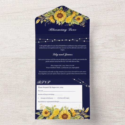 Rustieke marine blauw en zonnebloem bruiloft all in one uitnodiging (Binnen)