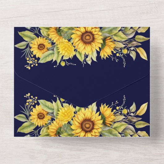 Rustieke marine blauw en zonnebloem bruiloft all in one uitnodiging (Achterkant)