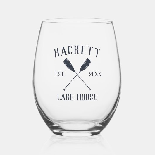 Rustieke marine blauw familienaam Lake House rieme Wijnglas Zonder Voet (Voorkant)