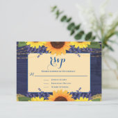 Rustieke Marine Blauw Goud Kant Zonnebloem Bruilof RSVP Kaartje (Staand voorkant)