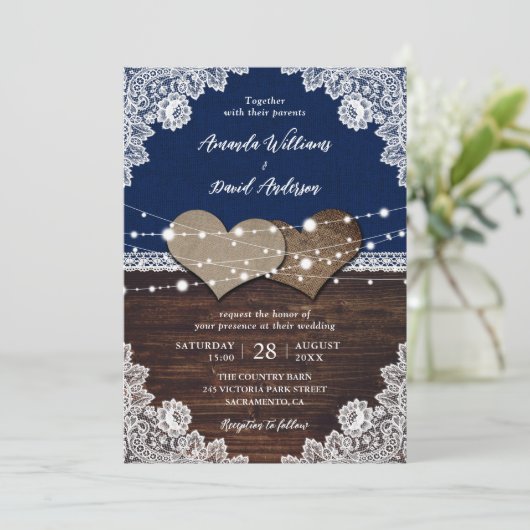 Rustieke Marine Blauw Hout Burlap Kant Bruiloft Kaart (Staand voorkant)