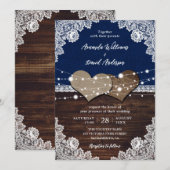 Rustieke Marine Blauw Hout Burlap Kant Bruiloft Kaart (Voorkant / Achterkant)