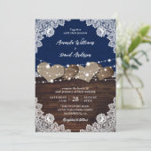 Rustieke Marine Blauw Hout Burlap Kant Bruiloft Kaart (Staand voorkant)
