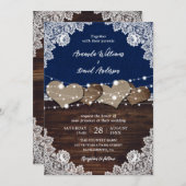 Rustieke Marine Blauw Hout Burlap Kant Bruiloft Kaart (Voorkant / Achterkant)