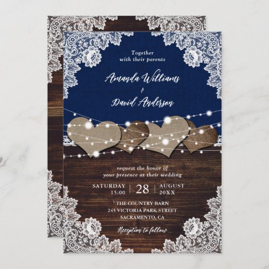 Rustieke Marine Blauw Hout Burlap Kant Bruiloft Kaart (Voorkant / Achterkant)