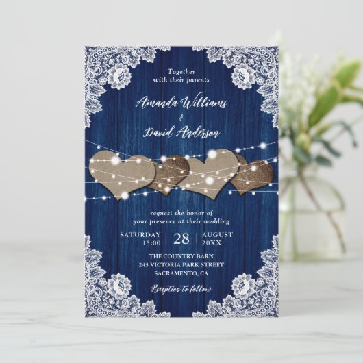 Rustieke Marine Blauw Hout Burlap Kant Bruiloft Kaart (Staand voorkant)